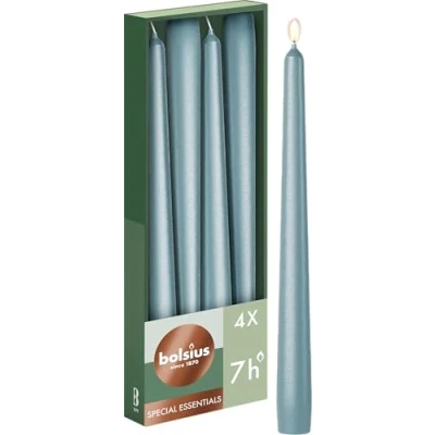 Afbeelding van Bolsius 4 stuks conische kaarsen, glad, metallic blauw, 24,5 cm, decoratieve huiskaars, brandduur 7 uur, ongeparfumeerd, bevat natuurlijke plantaardige was, olievrij