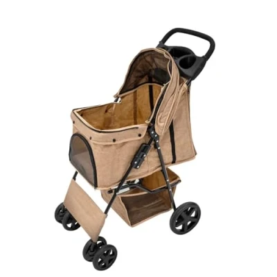 Afbeelding van Opvouwbare Huisdierenwagen met Beige Ruitblauw Comfortabel en Veilig Stevig Stalen Frame, Geschikt voor Honden Katten tot 15kg Voorzien van Ventilatie, Opbergmand Bekerhouder