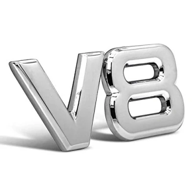 Afbeelding van V8 embleem met logo, chroom, 3D autosticker, tuning sticker, metaal