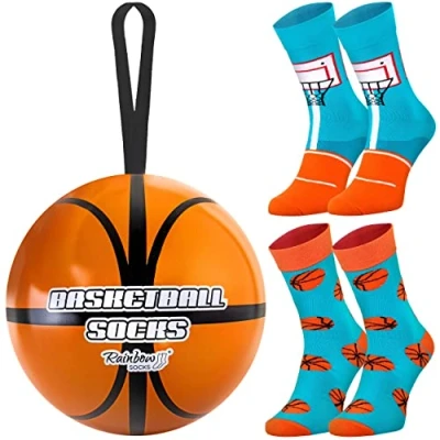 Afbeelding van Rainbow Socks Basketbalsokken origineel cadeau, basketbalgadget voor basketbalspeler, basketbalfan, teamspeltrainer, sport 2 paar lange sokken, bal 47 50