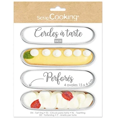Afbeelding van ScrapCooking 4 ovale geperforeerde taartcirkels Individuele taartframes 15 x cm Bakvormen van roestvrij staal Gelijkmatig bakken Accessoires voor gebak Dessert Cake 1325