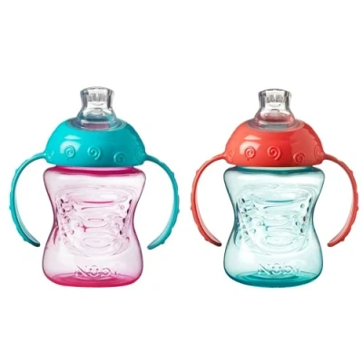 Afbeelding van Nuby Grip N Sip Trainingsbeker met handvat, lekvrije zachte uitloop, 240 ml, geschikt vanaf 4 maanden, 2 stuks, roze/oranje