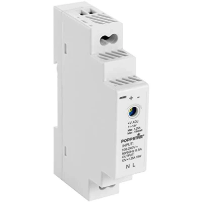 Afbeelding van Poppstar Adapter voor DIN rail Output 12 V DC 1,25 A 15 W (ingang 100 240 AC 50/60 Hz) voeding / Trafo 18 x 90 58 mm, wit