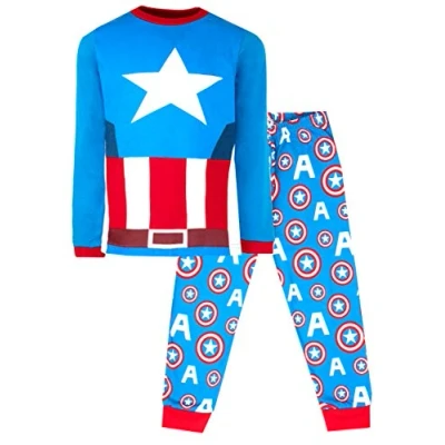 Afbeelding van Marvel pyjama voor jongens van 3 tot 10 jaar, met lange mouwen, Captain America PJs, superheldenkostuum, 100% katoen, officieel product, cadeau jongens, Blauw
