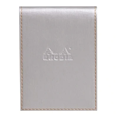 Afbeelding van Rhodia Ref 128101C Rhodiarama notitieblok met omslag formaat A7 + superfijn perkament 80 g/m², deksel van kunstleer, penlus en kaartenvak, geruite lijnen zilver