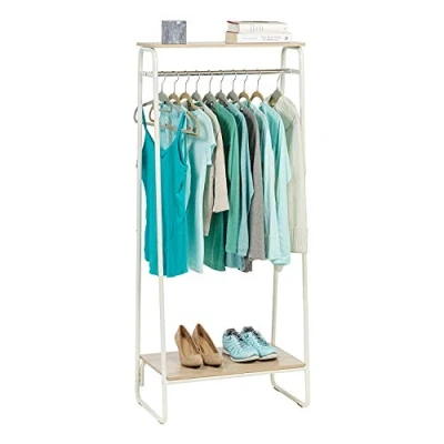 Afbeelding van Iris Ohyama, Kledingrek van metaal, kledingkast met houten rek, kapstok, 2 niveaus, wit, robuust, voor slaapkamer, studio, kleedkamer, kleding en schoenen, entree, eenvoudige montage, PI B2