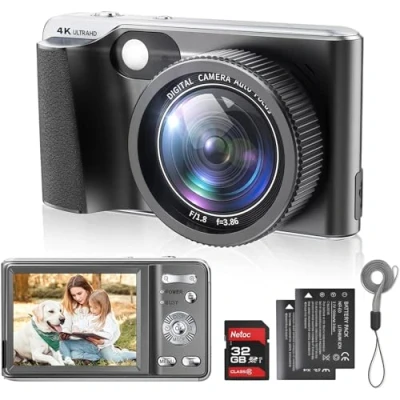 Afbeelding van 4K digitale camera, 48 MP autofocus voor YouTube fotografie, compacte camera met flits, 18x zoom, anti shake, macrofotografie, 32G SD kaart en 2 batterijen