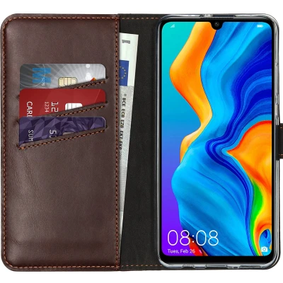 Afbeelding van Selencia Hoesje Geschikt voor Huawei P30 Lite Met Pasjeshouder Echt Lederen Bookcase Bruin