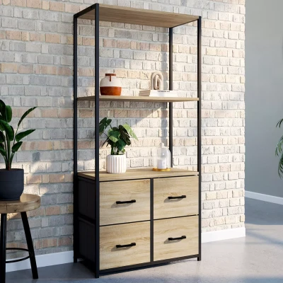Afbeelding van Etagère 3 niveaux avec 4 tiroirs en tissu UTAH 120 cm meuble de rangement design industriel
