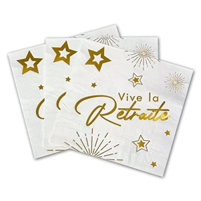 Afbeelding van Tralala Fêtes® Set van 16 servetten &quot;Lang leve het pensioen&quot; wegwerpservetten papier om een pensioen te vieren feestelijke decoratie 33 x cm uitgevouwen (wit en goud)