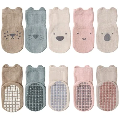 Afbeelding van FedMois 5 paar antislip sokken van katoen voor peuters en kleuters, dierenmotief, Meerkleurig