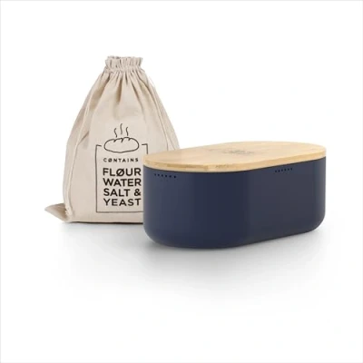 Afbeelding van LARS NYSØM &#039;Ægte&#039; Broodtrommel met linnen broodzak Bamboe deksel bruikbaar als snijplank 36x18,5x13,5cm Navy