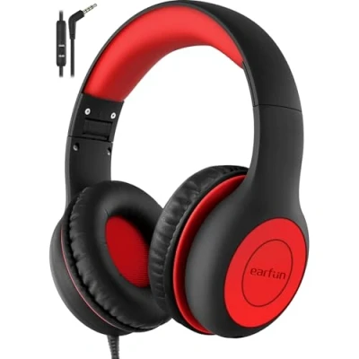 Afbeelding van EarFun Opvouwbare hoofdtelefoon voor kinderen, volumeregelaar, 85/94 dB, deelfunctie, stereogeluid, verstelbare hoofdband, bekabelde kinderhoofdtelefoon met microfoon school, reizen, telefoon,