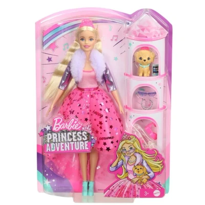 Afbeelding van Barbie Prinses Adventure blonde pop met roze tule rok puppy en accessoires, kinderspeelgoed GML76, meerkleurig