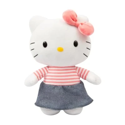 Afbeelding van Hello Kitty Pluche dier 30 cm Met jeansrok en roze gestreepte top Zacht behaaglijk Voor alle leeftijden Inclusief geschenkdoos Schattig verzamelobject