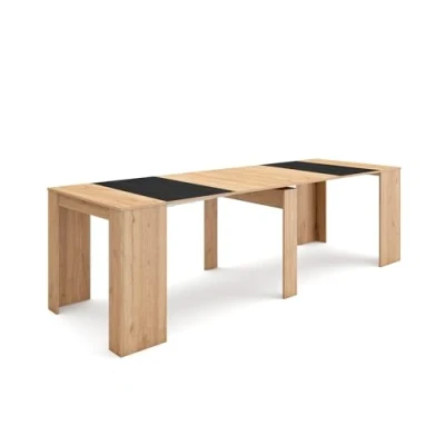 Afbeelding van Skraut Home Uittrekbare consoletafel, klaptafel, 260, voor 12 personen, eetkamer en keuken, moderne stijl, eiken zwart