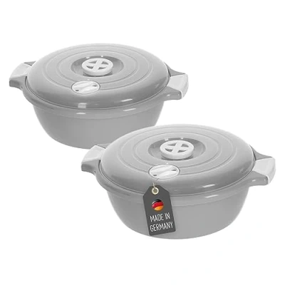 Afbeelding van Lantelme Set van 2 microgolfovenschalen met stoomventiel, 1,8 liter, Made in Germany, stapelbaar, vaatwasmachinebestendig, kunststof, grijs