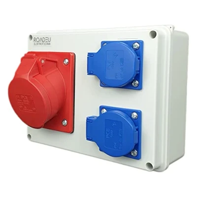 Afbeelding van RoadEu Elektrische wandverdeler 16A met 2 stopcontacten 230V IP44 verdeelkast 5P 400V + Binnen en buiten