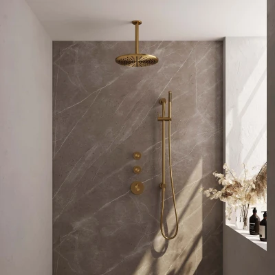 Afbeelding van Brauer Gold Edition Regendoucheset inbouw hoofddouche 30cm plafondarm 20cm 3 gladde knoppen handdouche staaf 1 stand PVD geborsteld goud