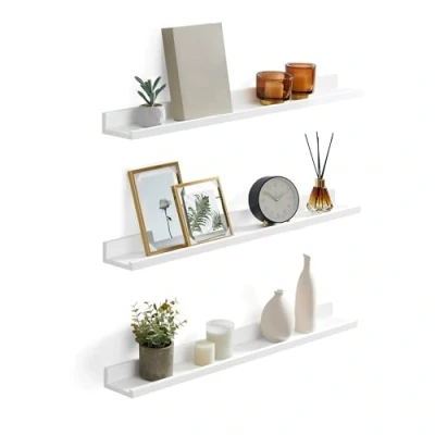 Afbeelding van SONGMICS LWS081W01 Set van 3 hangende wandplanken, woonkamerdecoratie, lengte 80 cm, zwevende plank, voor fotolijsten, woonkamer, kantoor, badkamer, keuken, wit