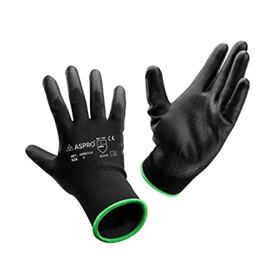 Afbeelding van ASPRO 10 paar handschoenen voor tuinieren en werk zwarte werkhandschoenen van nylon met PU coating bouw, tuinieren, mechanica, hantering enz. handschoenen, maat 7 (S)