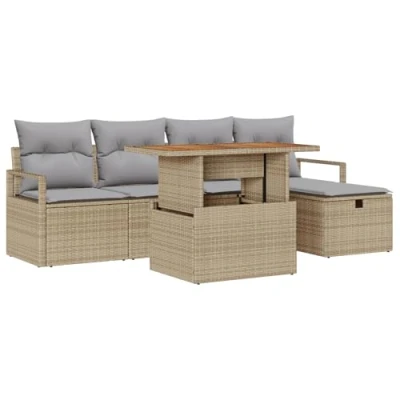 Afbeelding van vidaXL 6 Delige Tuin Sofa Set met Kussens Beige Poly Rattan, 2 Zits Opslag &amp; Rattan