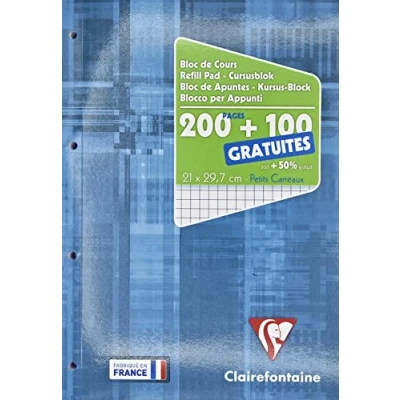 Afbeelding van Clairefontaine 65816C Elektrisch Blauw Gelijmd en Geperforeerd Notitieboek A4 21x29,7cm 300 Pagina&#039;s (200+100 gratis) Klein Vierkant 4 Gaats Wit Papier 90g Gelamineerde