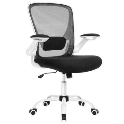 Afbeelding van bureaustoel met opklapbare armsteunen, gaasbekleding, ergonomische bureaustoel, 360 draaistoel, verstelbare lendensteun, ruimtebesparend, zwart