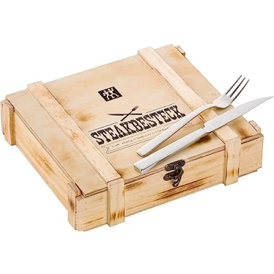Afbeelding van Zwilling Steak bestekset 12 delig In rustieke houten doos Roestvrij staal