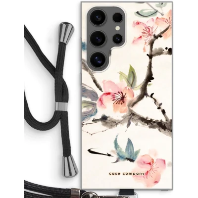 Afbeelding van Case Company® hoesje met Koord geschikt voor Samsung Galaxy S24 Ultra Japanse bloemen Telefoonhoesje Zwart Bescherming aan alle Kanten en Over de Schermrand