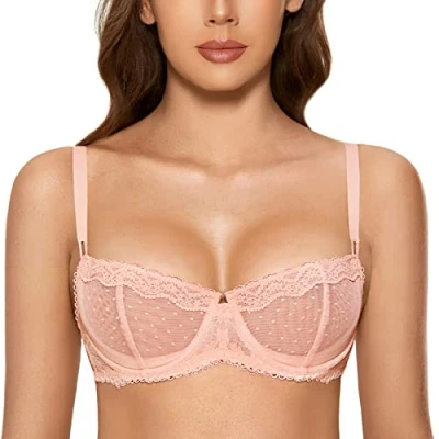 Afbeelding van DOBREVA Vrouwen Sexy Kant Ongevoerd Onderdraad Balconette See Through Sheer Bra, Peachy Keen, 95C