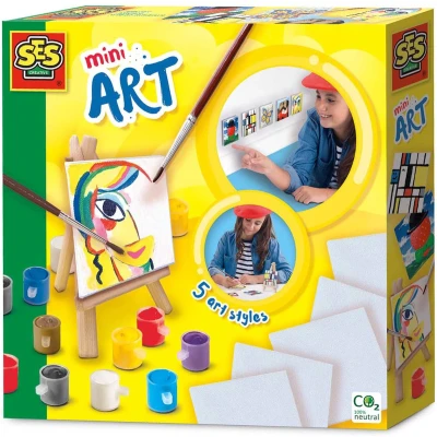 Afbeelding van SES mini Art 5 canvas doeken en houten schildersezel inclusief 12 kleuren verf 2 penselen makkelijk uitwasbaar