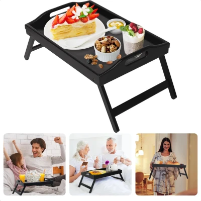 Afbeelding van Cheqo® Bamboe Ontbijt op Bed Dienblad Laptoptafel Bedtafel Zwart Inklapbaar 50x30 cm Voor