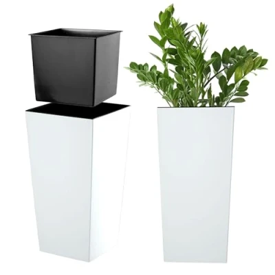 Afbeelding van KADAX Bloem/plantenpot, kunststof kuip, voor binnen en buiten, tuin, balkon, terras, huis, weerbestendig, imitatie rotan, 46,5 cm hoog, mat wit