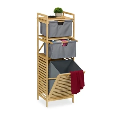 Afbeelding van wasmand rek 30 liter 2 stoffen lades 120x40x33 cm bamboe