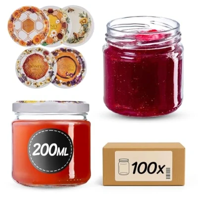 Afbeelding van KADAX Set van 100 kleine jampotten, 200 ml, ronde mini potjes voor honing en specerijen, luchtdichte weckpotten, voorraadpotten glas (bloemenhoning)