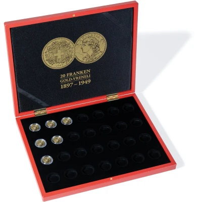 Afbeelding van Leuchtturm Leuchtturm, Presentatie cassette, Volterra Uno voor Munten Verneli, 20CHF, Gold in capsules (28 st.) Rood afm: 305x245x30 mm. per st.