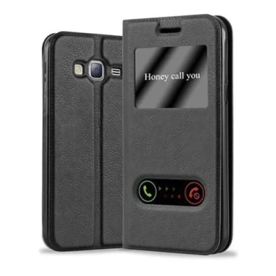 Afbeelding van Cadorabo Hoesje geschikt voor Samsung Galaxy J3 2016 in KOMEET ZWART Beschermhoes met magnetische sluiting, standfunctie en 2 kijkvensters Book Case Cover Etui