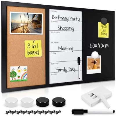 Afbeelding van Navaris weekplanner Prikbord whiteboard en krijtbord in één Magnetisch planbord 60 x 40 cm Met krijt marker magneten punaises