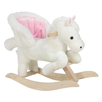Afbeelding van WOLTU Pluche hobbelspeelgoed voor baby&#039;s, hout, comfortabele zitting met veiligheidsgordel, schommeldier geluidseffect, wit en roze KSF001