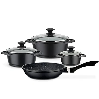 Afbeelding van GSW Gourmet Granit pannenset, hoogwaardige pannenset met deksel, ook geschikt voor inductie en oven, gegoten aluminium, 7 delig