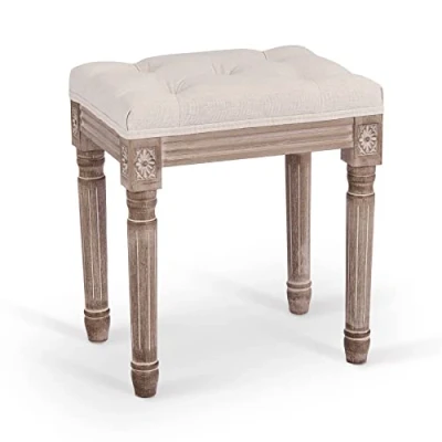 Afbeelding van VONLUCE Vintage kruk met gevoerde zitting en rubberen houten poten, make up toiletkruk, rustieke Ottomaanse voor haltafel, hal, slaapkamer, woonkamer (30 x 40 47 cm