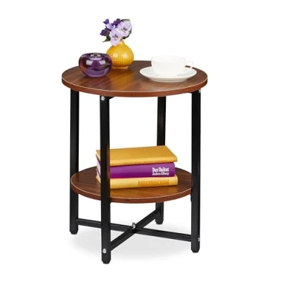 Afbeelding van Relaxdays Bijzettafel, rond, 2 niveaus, h x d: 48 40 cm, metaal en MDF, retro, vintage, universeel, praktisch, zwart, donkerbruin, 1 stuk