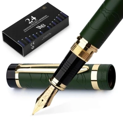 Afbeelding van Wordsworth &amp; Black Primori Vulpenset [goudgroen], medium punt, geschenkdoos, 24 inktpatronen, navulconverter, handleiding, dagboek, kalligrafie, schrijfpennen