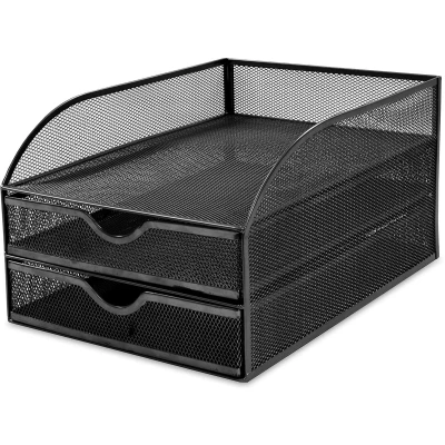 Afbeelding van OSCO Opbergmap met 2 laden van zwart metalen gaas brievenbak, A4, laden, opslag documenten, documentenorganizer, aktetas, 18,5 x 25 34,2 cm (h b d)