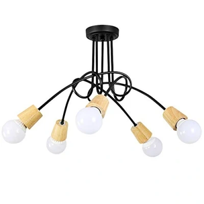 Afbeelding van iDEGU Industriële retro metalen kroonluchter, lampenkap, E27, moderne lamp, hanglamp voor woonkamer slaapkamer eetkamer (hout + zwart, 5 lampen) zonder lampen