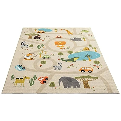 Afbeelding van Vloerkleed kinderkamer Beige 160x220 cm Afwasbaar Antislip Tapijt voor jongens en meisjes met een straat jungledieren Happy Life by the carpet