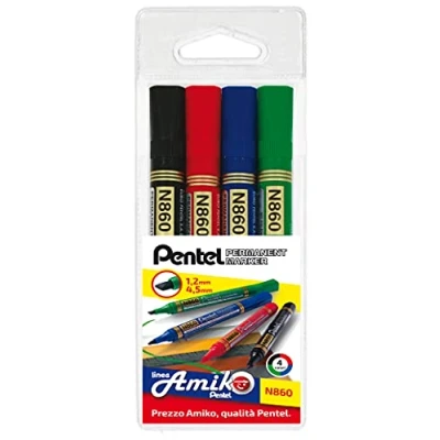 Afbeelding van Pentel N860 permanente marker Zwart, Blauw, Groen, Rood 4 stuk(s)