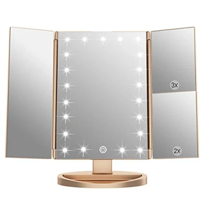 Afbeelding van WEILY make upspiegel, 1 x / 2 3 upspiegel met drie luiken 21 led lampen en verstelbare spiegel aanraakscherm, (goud)