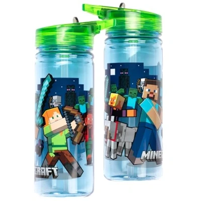 Afbeelding van Minecraft Waterfles met rietje, 580 ml, 100% lekvrij, duurzaam, van stevig kunststof, BPA vrij, donkerblauw